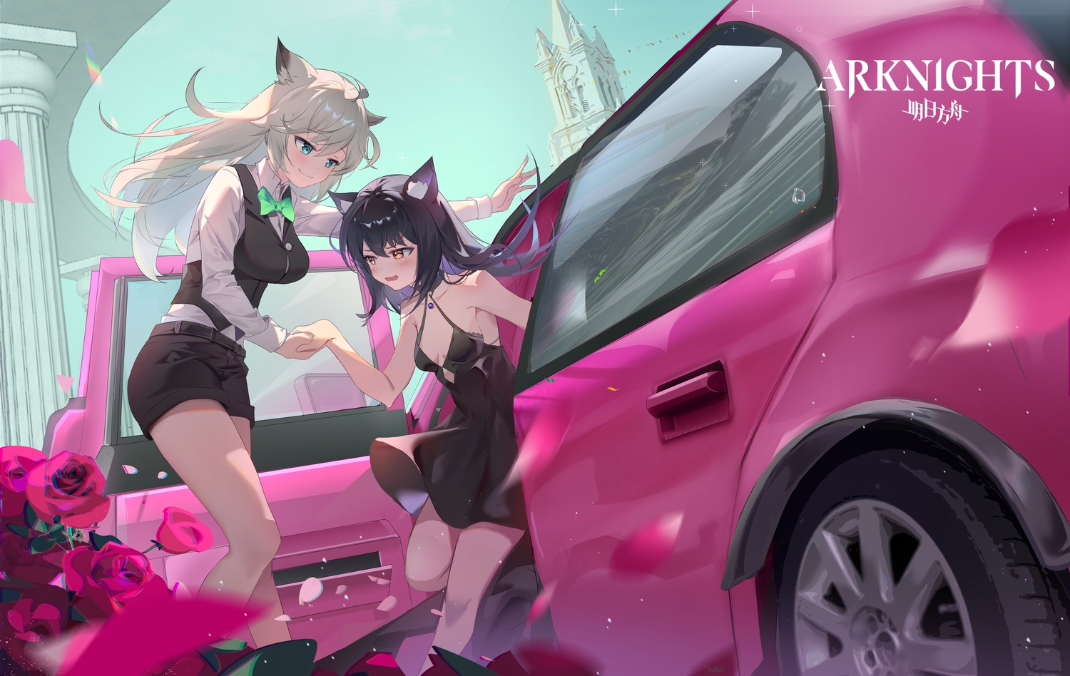 2girls, animal_ears, arknights, blush, car, dress, flowers, lappland_(arknights)