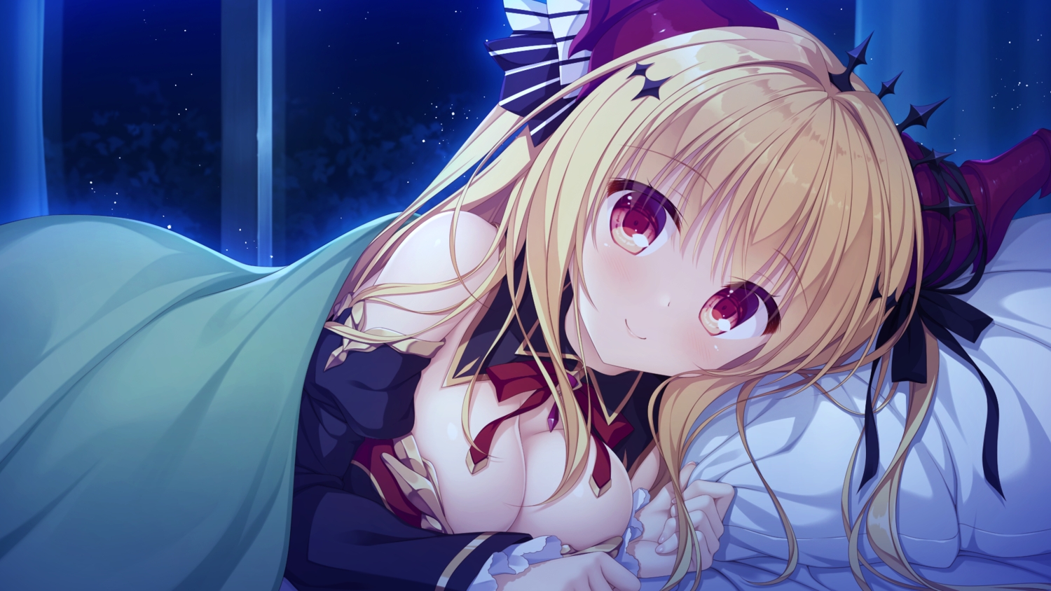 bed, blonde_hair, blush, close, drapri_guu-ta-life, game_cg, haru_(drapri), horns