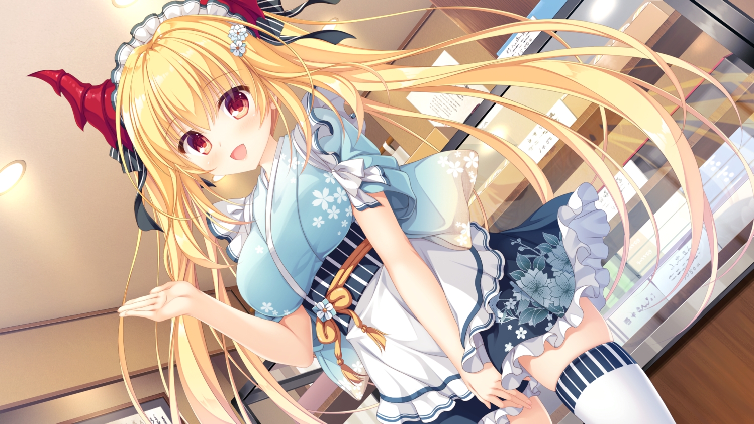 apron, blonde_hair, blush, drapri_guu-ta-life, dress, game_cg, haru_(drapri), horns