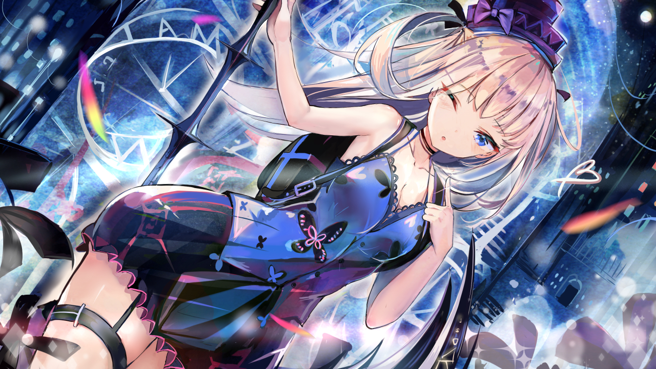 blue_eyes, brown_hair, dress, long_hair, original, tatsukisan, wink