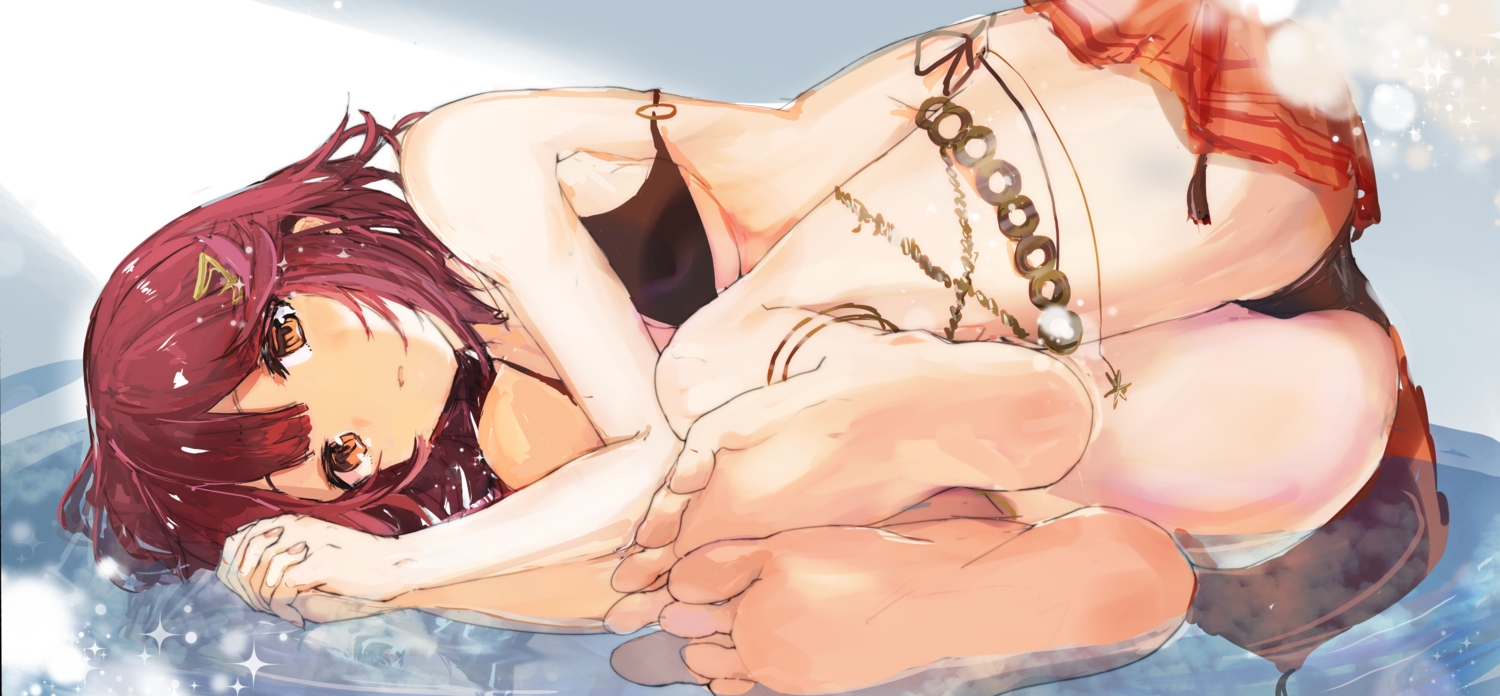 atelier, atelier_sophie, barefoot, bikini, brown_eyes, cropped, red_hair, sketch