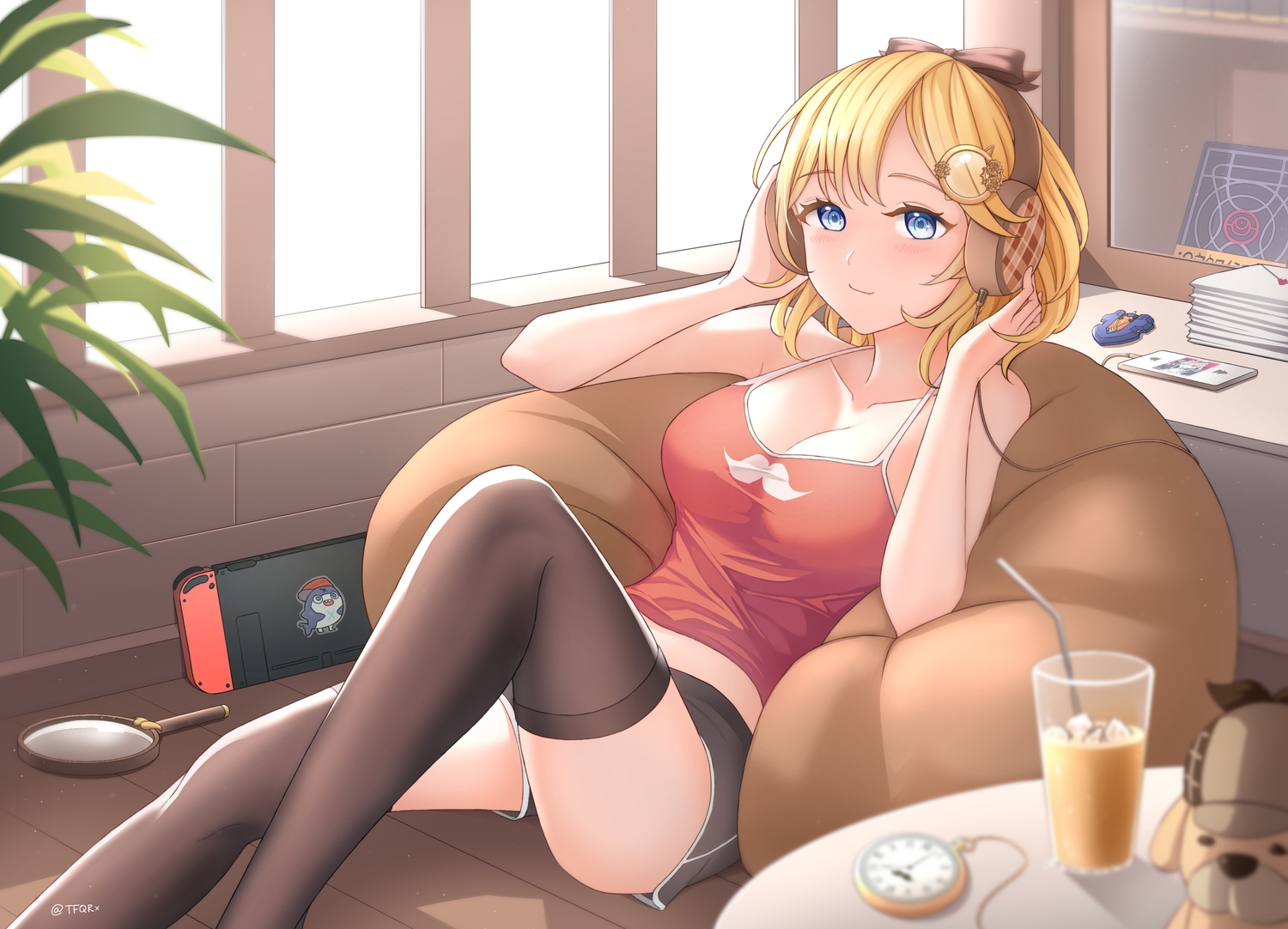 aliasing, amelia_watson, blonde_hair, blue_eyes, blush, breasts, cleavage, drink, game_console, headphones, hololive, shorts, signed, tfqr, thighhighs, zettai_ryouiki