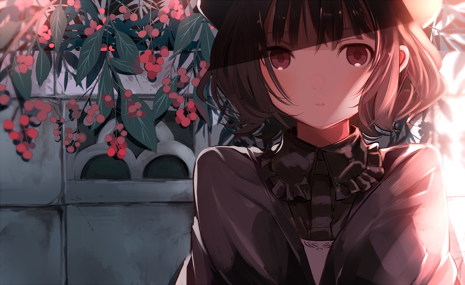 black_hair, brown_eyes, food, fruit, leaves, original, shinoda_mugi, short_hair
