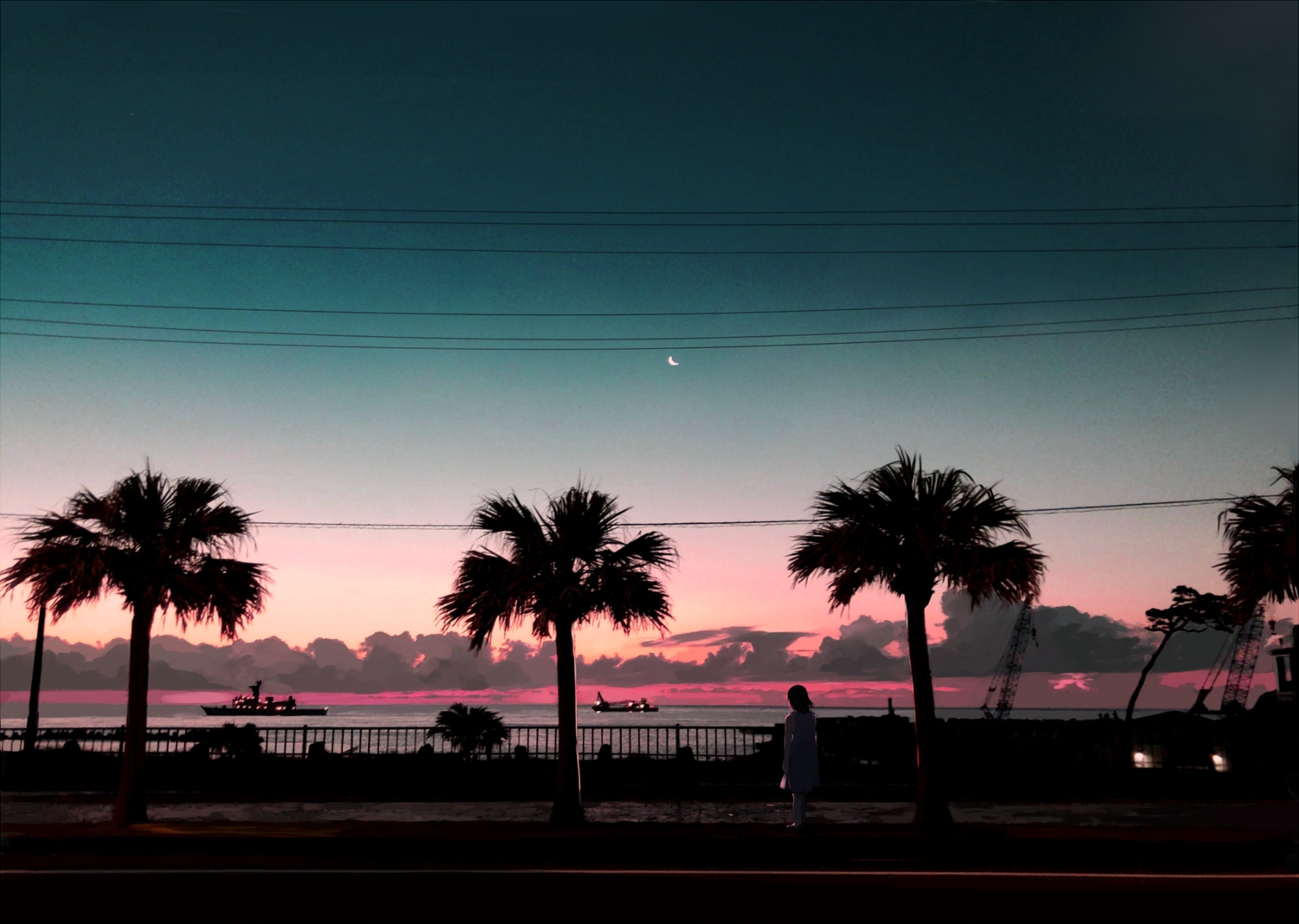 clouds, moon, night, original, photo, scenic, shinoda_mugi, sky, sunset, tree