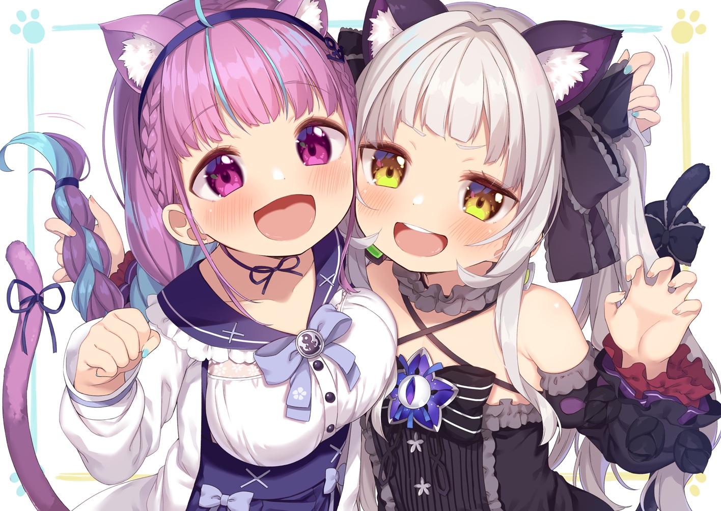 2girls, animal_ears, blush, bow, catgirl, close, flat_chest, gray_hair