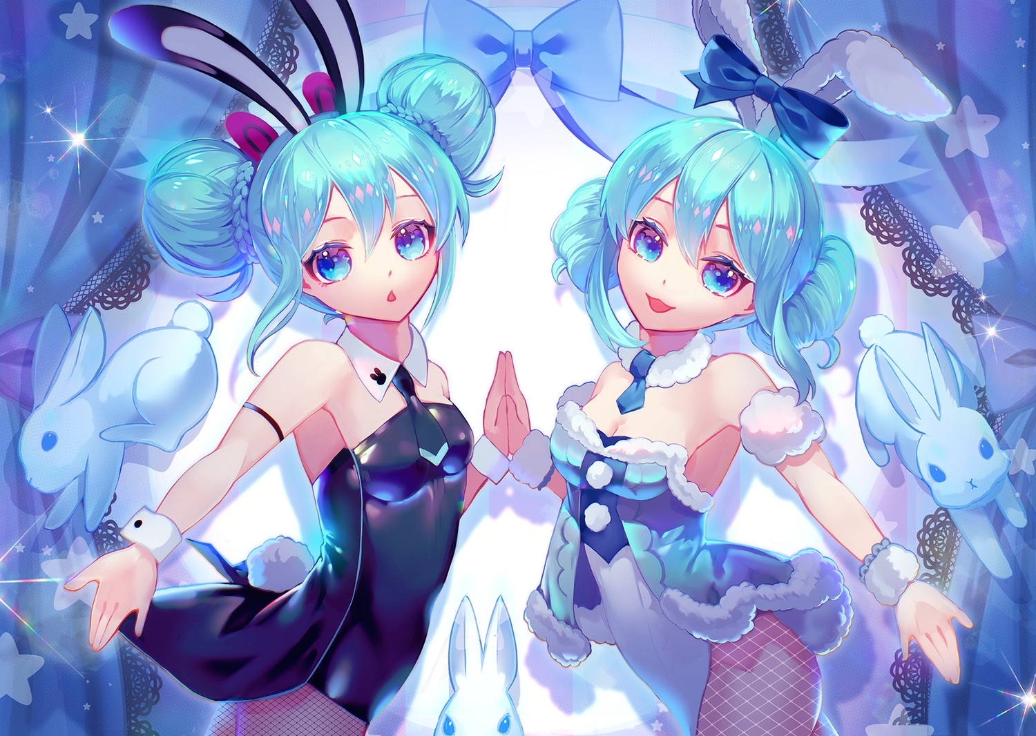 animal, animal_ears, aqua_eyes, aqua_hair, bow, hatsune_miku, rabbit, raymond_busujima