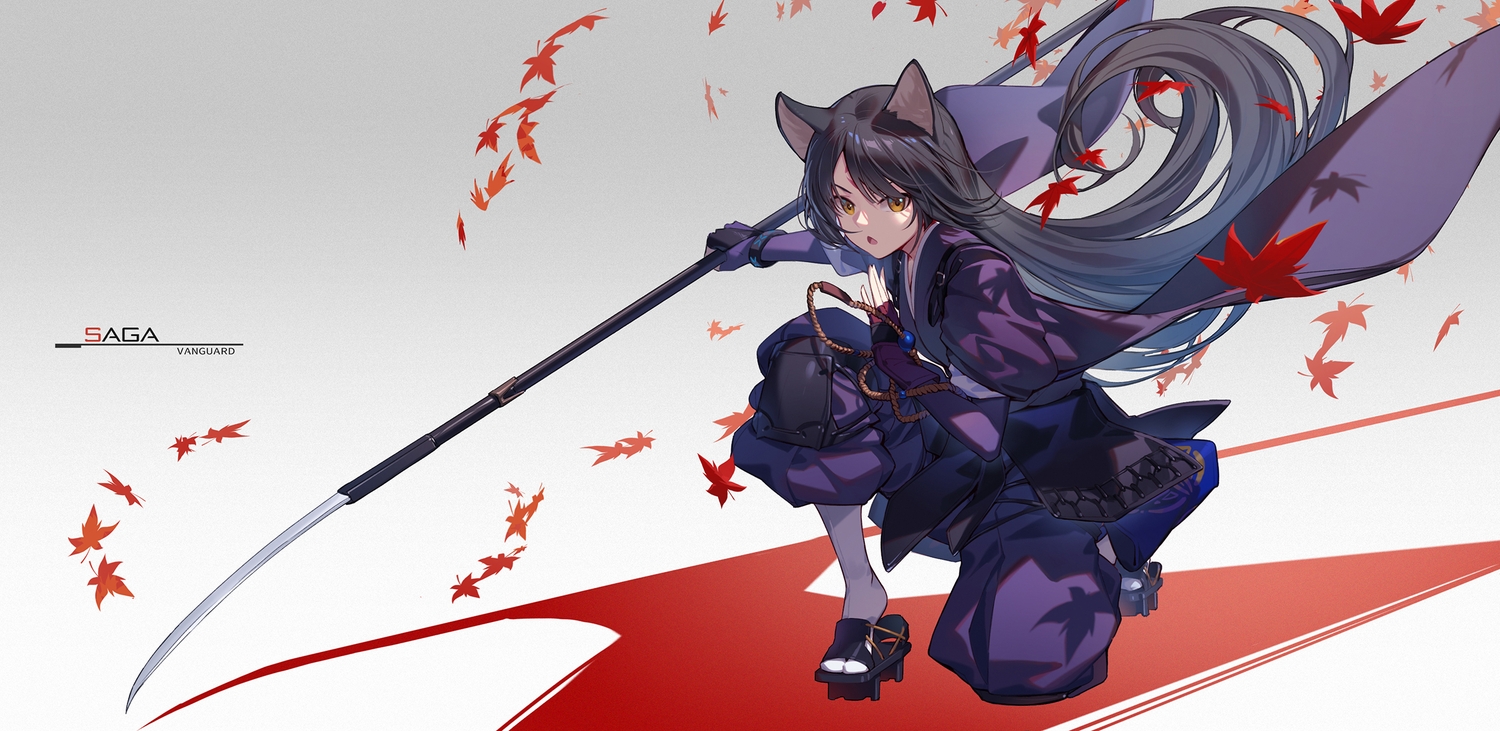 animal_ears, arknights, armor, black_hair, doggirl, elbow_gloves, gloves, gradient, japanese_clothes, leaves, long_hair, nian, saga_(arknights), samurai, spear, weapon, wristwear, yellow_eyes