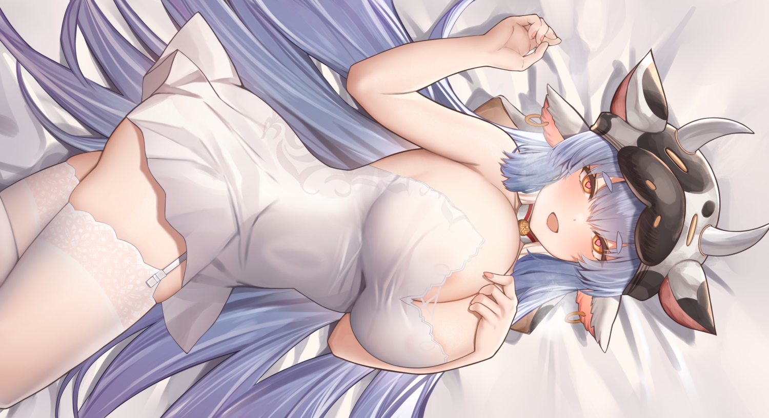 animal_ears, blue_hair, brown_eyes, catura_(granblue_fantasy), cowgirl, dress, garter_belt, granblue_fantasy, heart, horns, long_hair, no_bra, siu_(siu0207), stockings