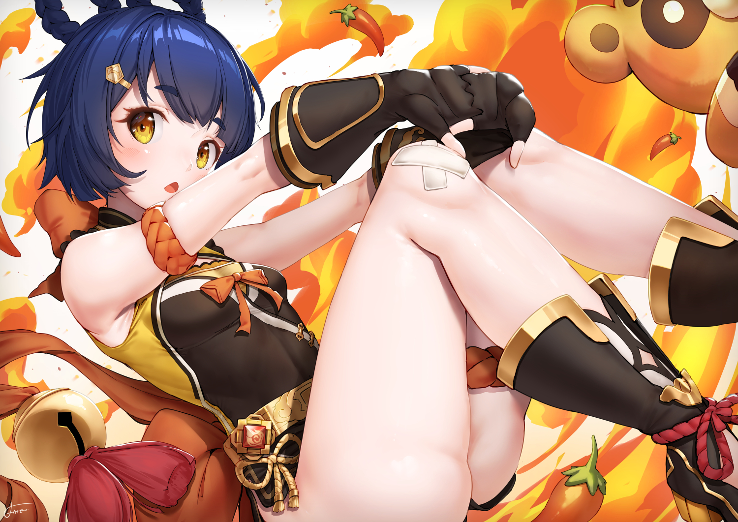 aliasing, blue_hair, blush, braids, chinese_clothes, genshin_impact, gloves, guoba_(genshin_impact)