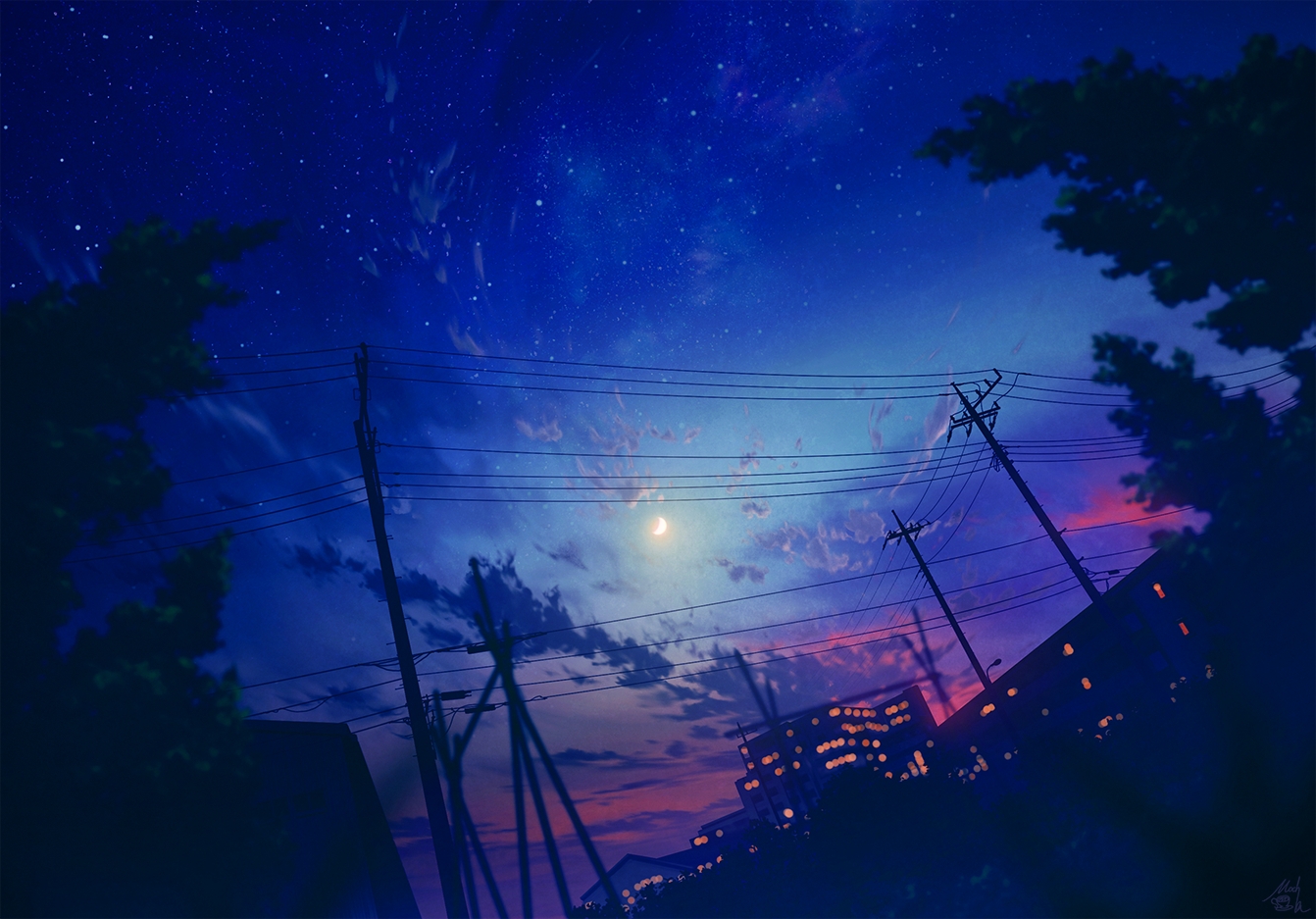 building, city, clouds, mocha_(cotton), moon, night, no_humans, original