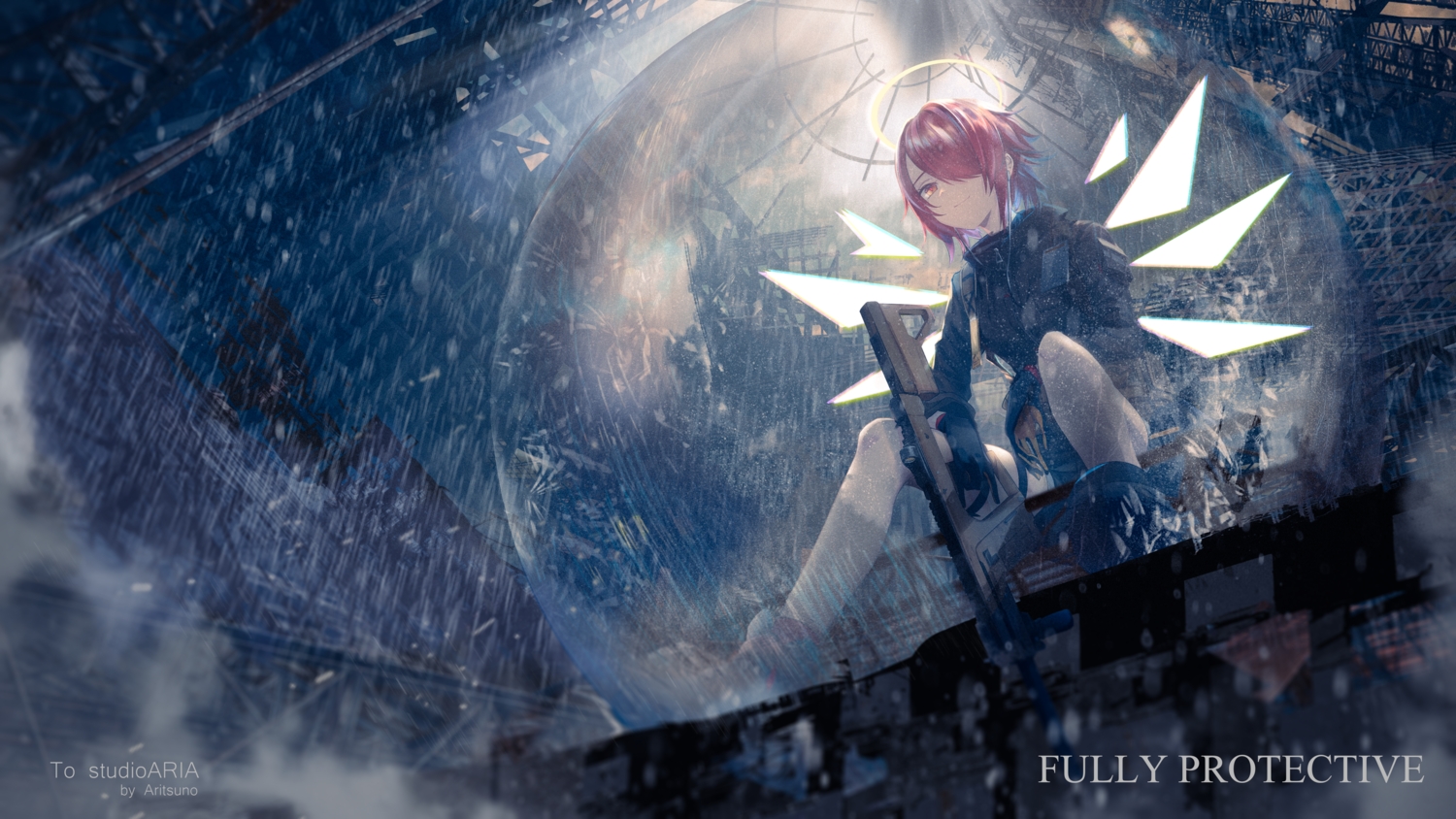 aritsuno, arknights, exusiai_(arknights), gun, halo, rain, red_hair, scenic, water, weapon, wings