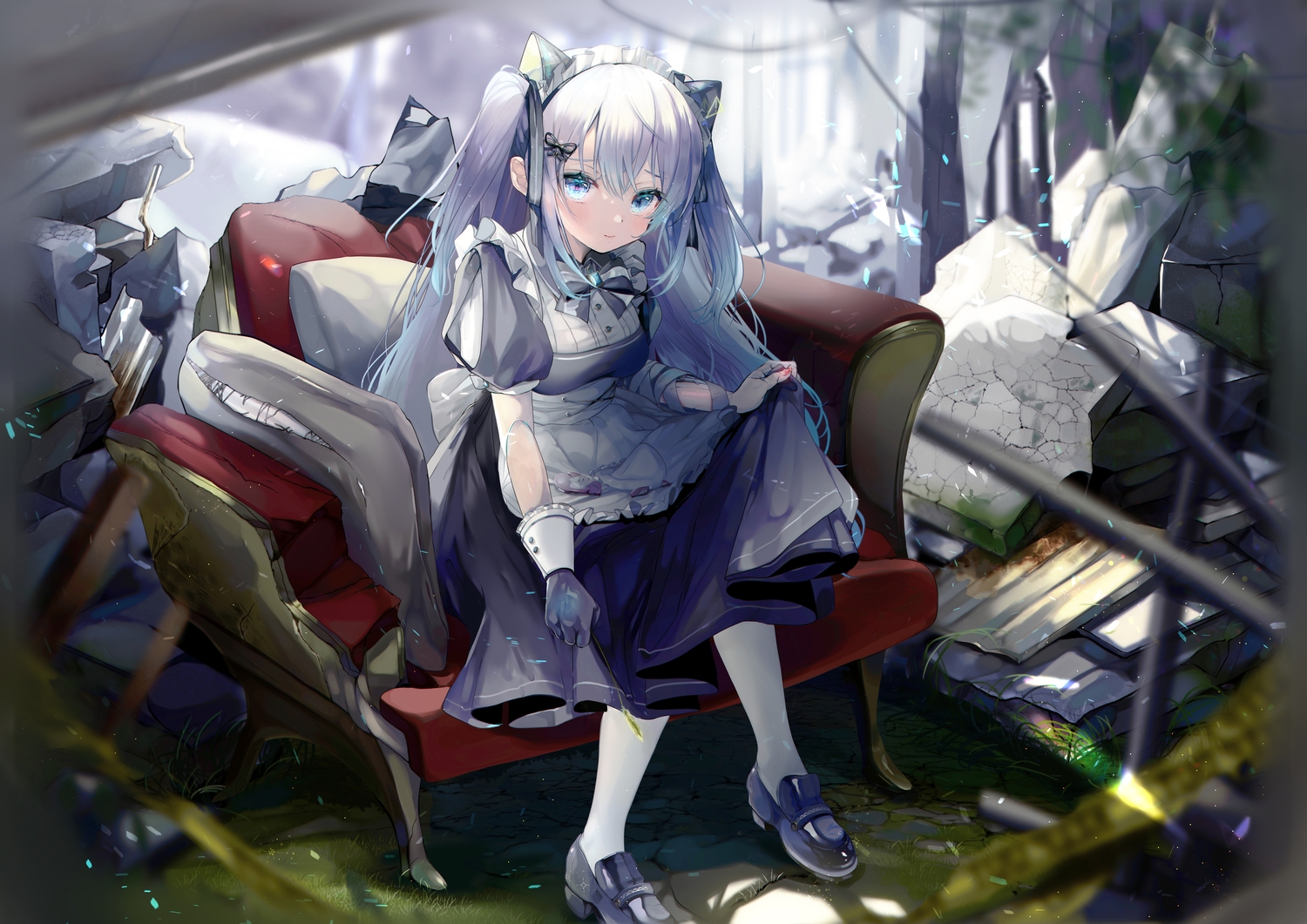 animal_ears, aqua_eyes, gloves, gray_hair, long_hair, maid, original, pantyhose