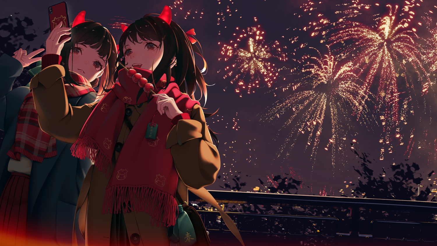 2girls, aliasing, black_hair, brown_eyes, camera, candy, fang, fireworks, food, fruit, horns, night, original, phone, scarf, zhuang_yao