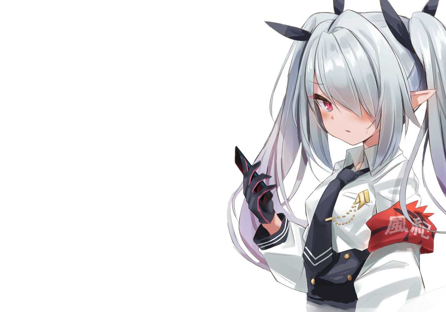 blue_archive, blush, gloves, gray_hair, long_hair, phone, pointed_ears, red_eyes