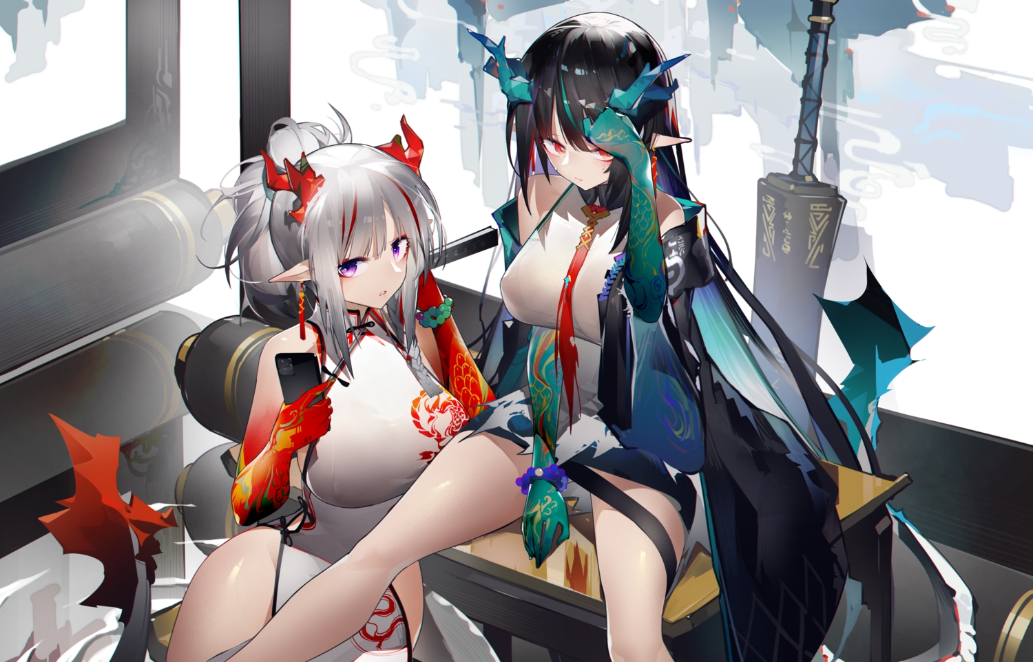 2girls, arknights, chinese_clothes, chinese_dress, dress, dusk_(arknights), gray_hair, horns