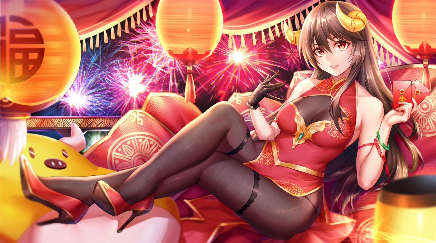 brown_hair, chinese_clothes, chinese_dress, choukoukou_no_diaosi, dress, gloves, horns, long_hair