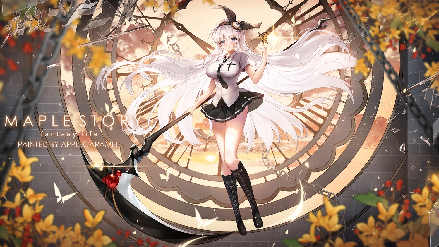 applecaramel_(acaramel), boots, butterfly, chain, clouds, cross, flowers, gray_eyes