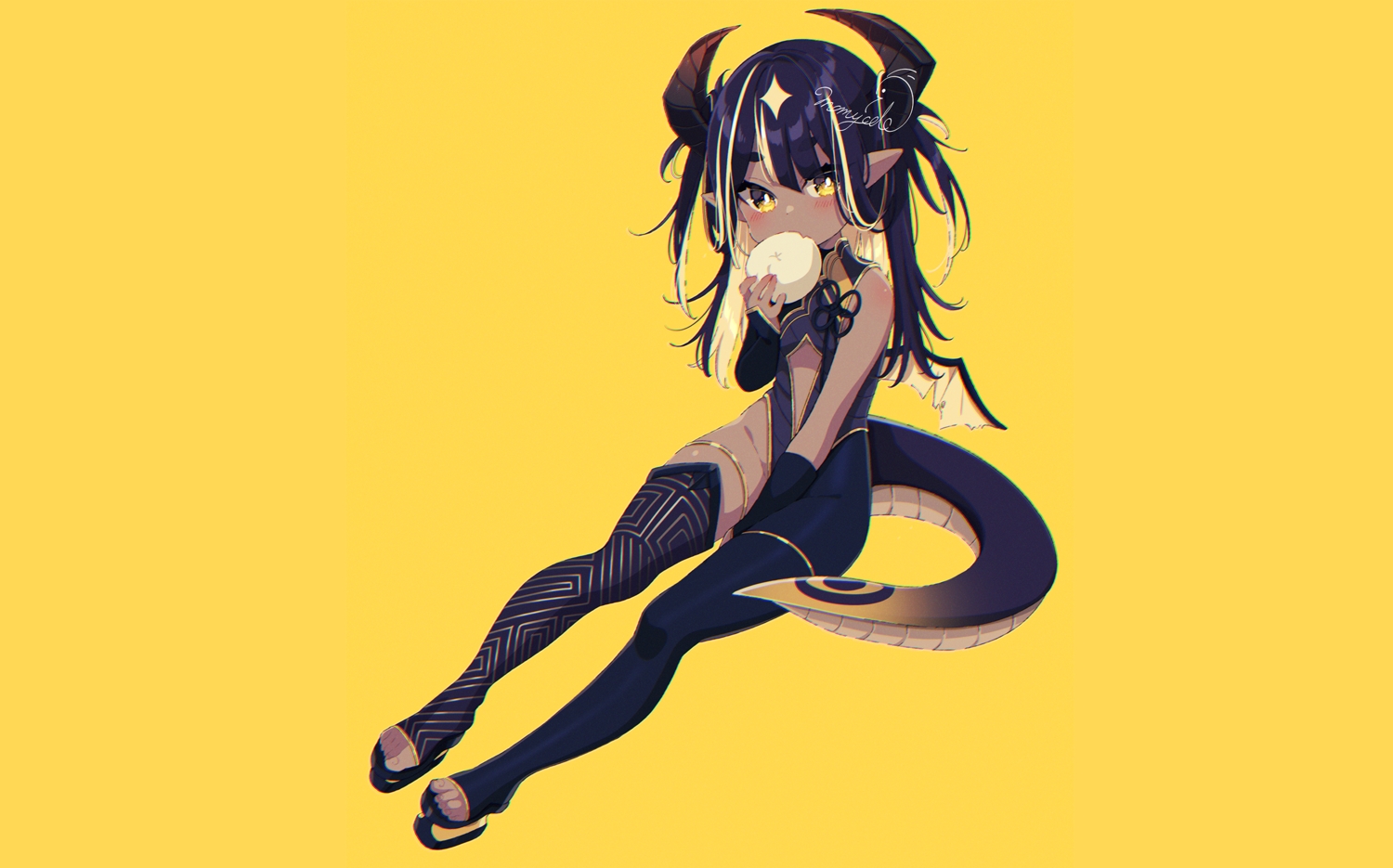 black_hair, blush, chinese_clothes, dark_skin, fang, food, garter, horns, loli, mamyouda, original, pointed_ears, signed, tail, thighhighs, wings, wristwear, yellow, yellow_eyes