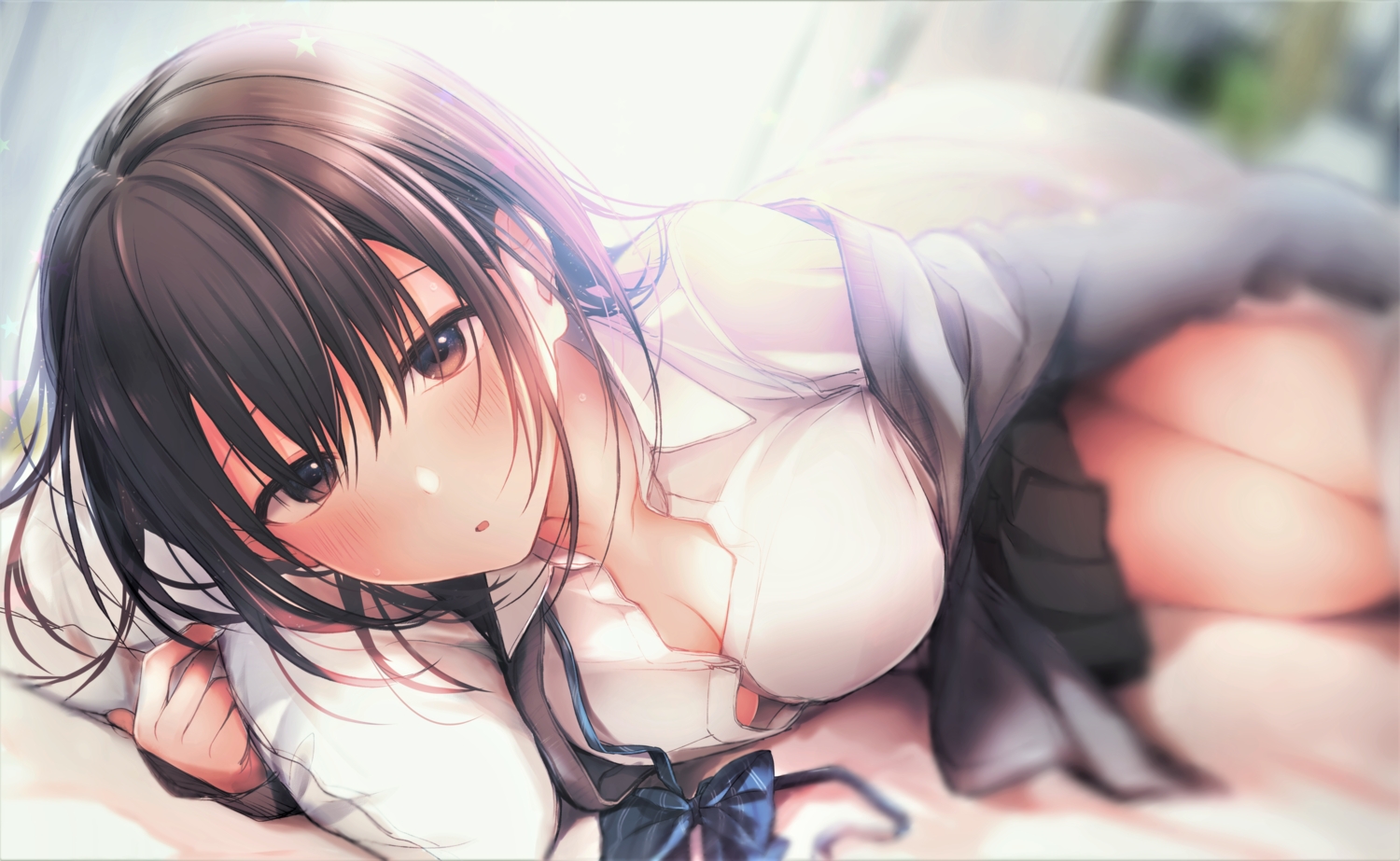 bed, blush, bow, breasts, brown_eyes, brown_hair, cleavage, close, kirisawa_saki, no_bra, open_shirt, original, school_uniform, short_hair, sketch, skirt