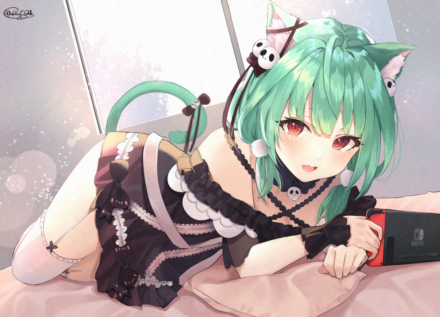 animal_ears, blush, catgirl, dress, fang, game_console, garter_belt, green_hair, hololive, red_eyes, shiina_aoi, signed, stockings, tail, uruha_rushia, wristwear, zettai_ryouiki