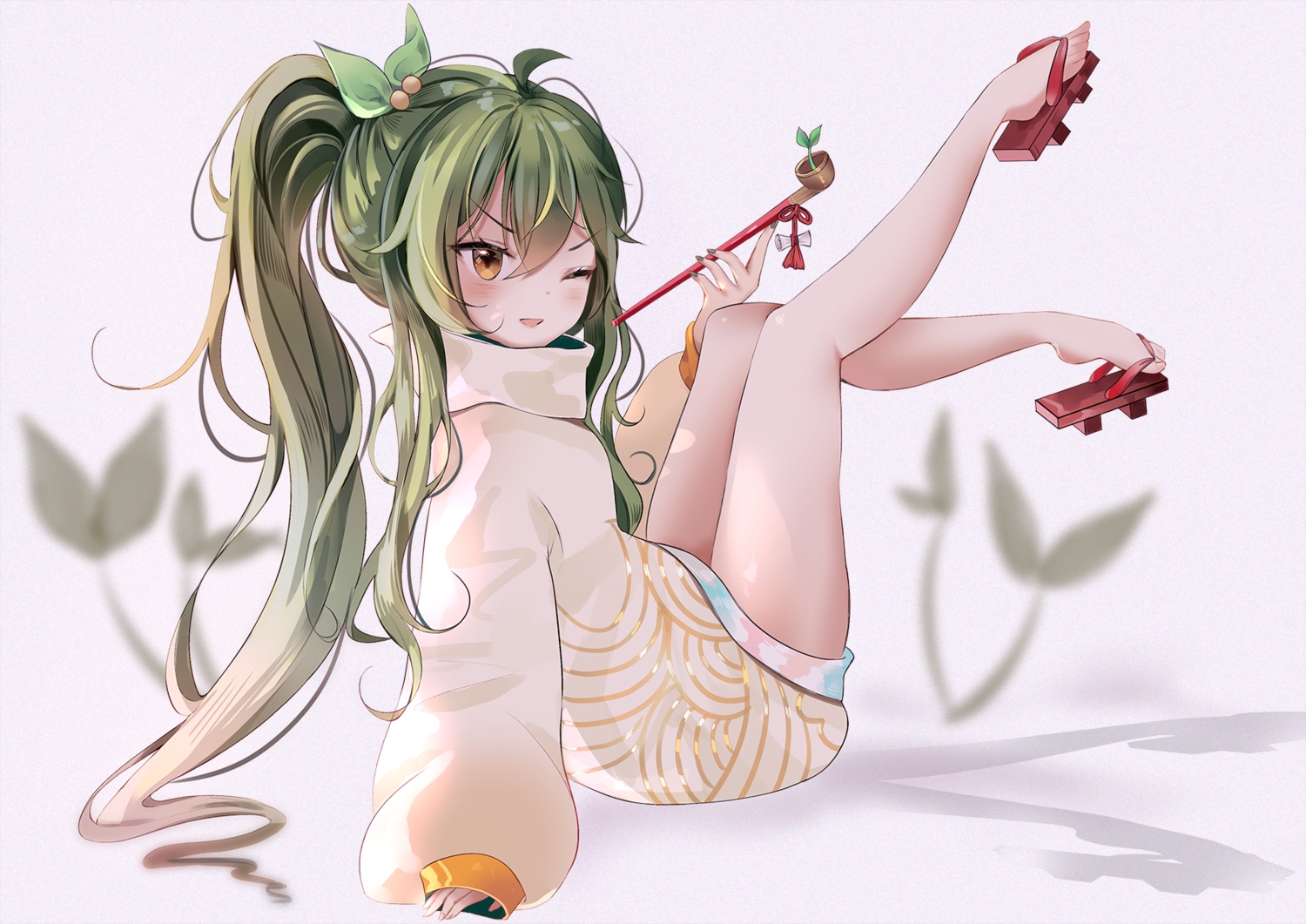 anthropomorphism, anyuu, brown_eyes, green_hair, long_hair, original, ponytail, wink