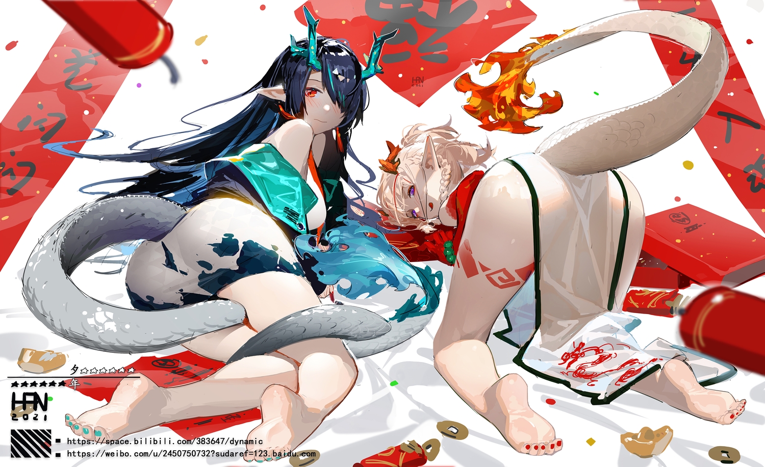 2girls, arknights, barefoot, blue_hair, chinese_clothes, chinese_dress, dress, dusk_(arknights)