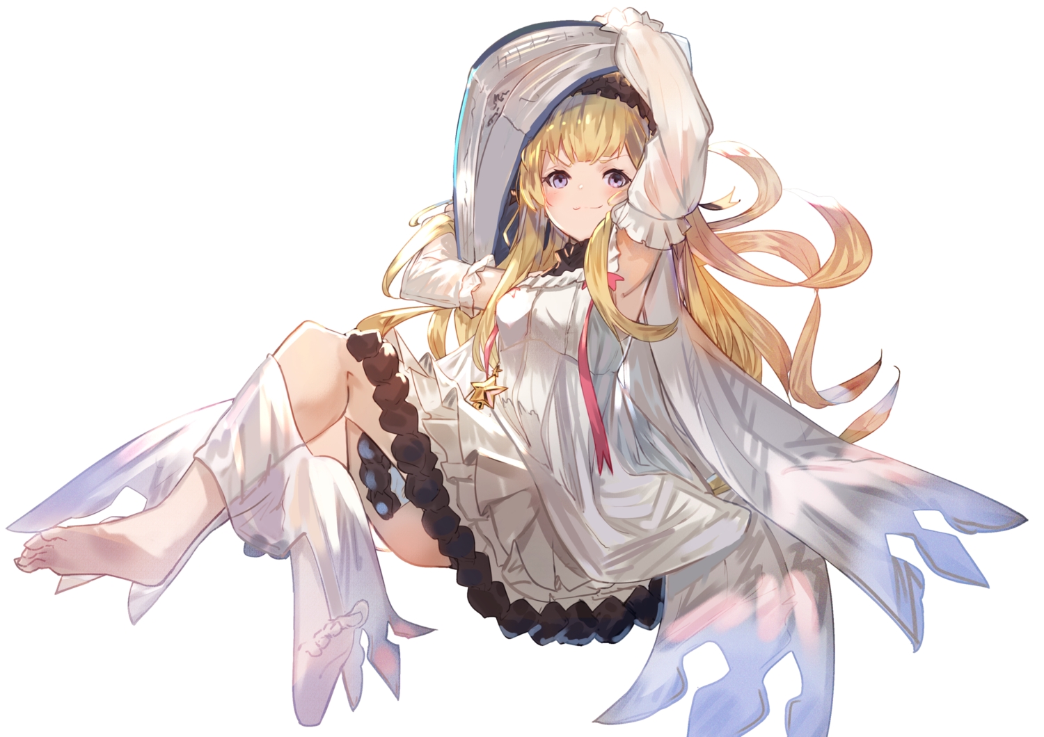 barefoot, blonde_hair, cagliostro_(granblue_fantasy), dress, granblue_fantasy, headdress, long_hair, purple_eyes
