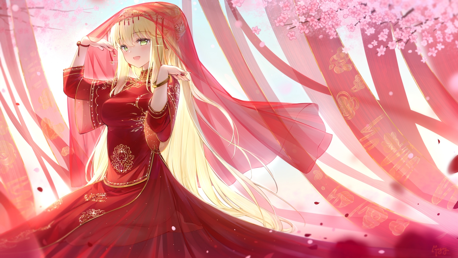 anthropomorphism, aurora_(azur_lane), azur_lane, blonde_hair, blush, cherry_blossoms, chinese_clothes, chinese_dress