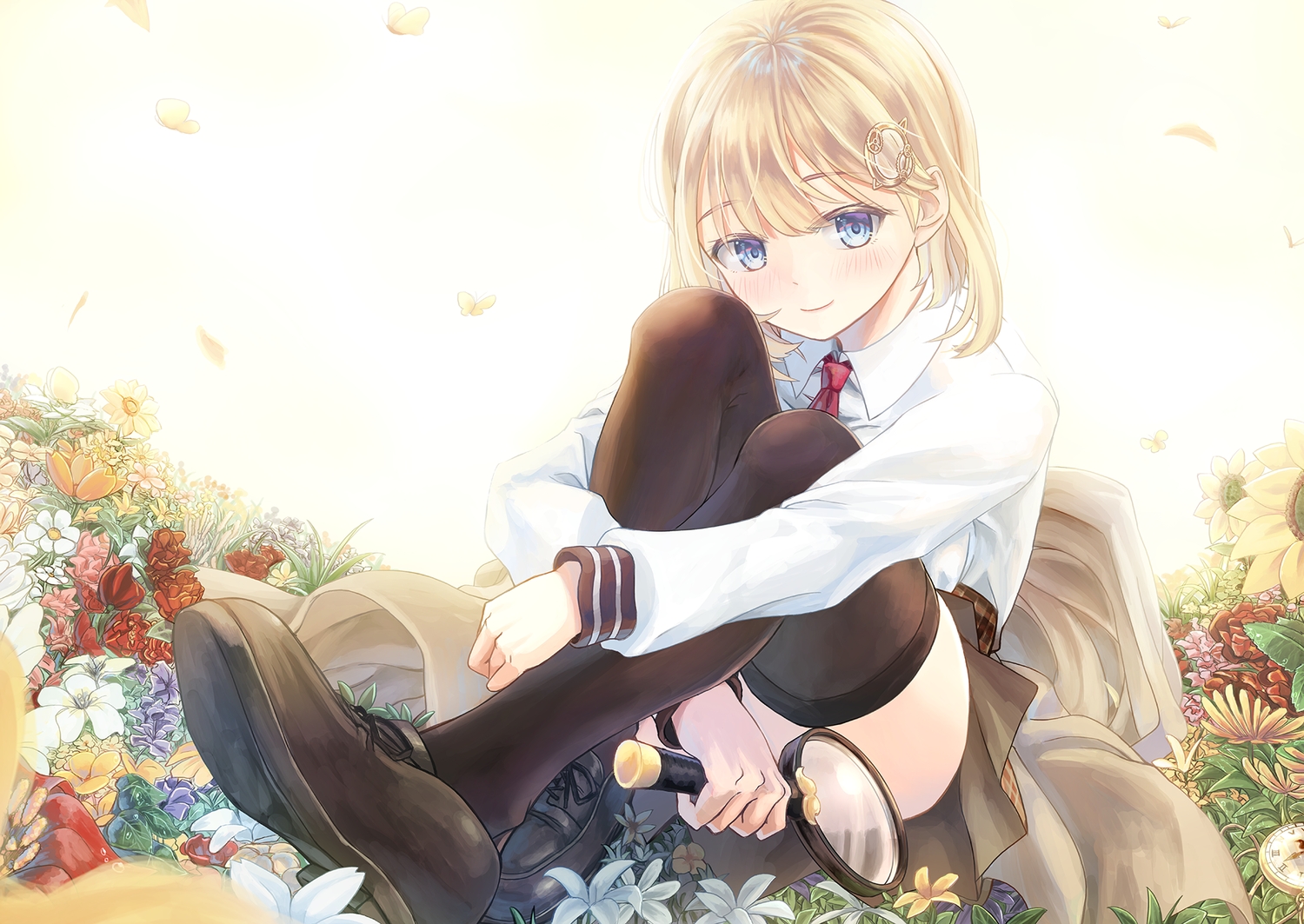 amelia_watson, blonde_hair, blue_eyes, blush, flowers, hololive, petals, short_hair