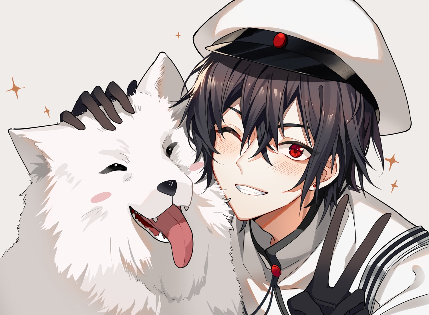 animal, black_hair, blush, close, dog, gloves, hat, jpeg_artifacts