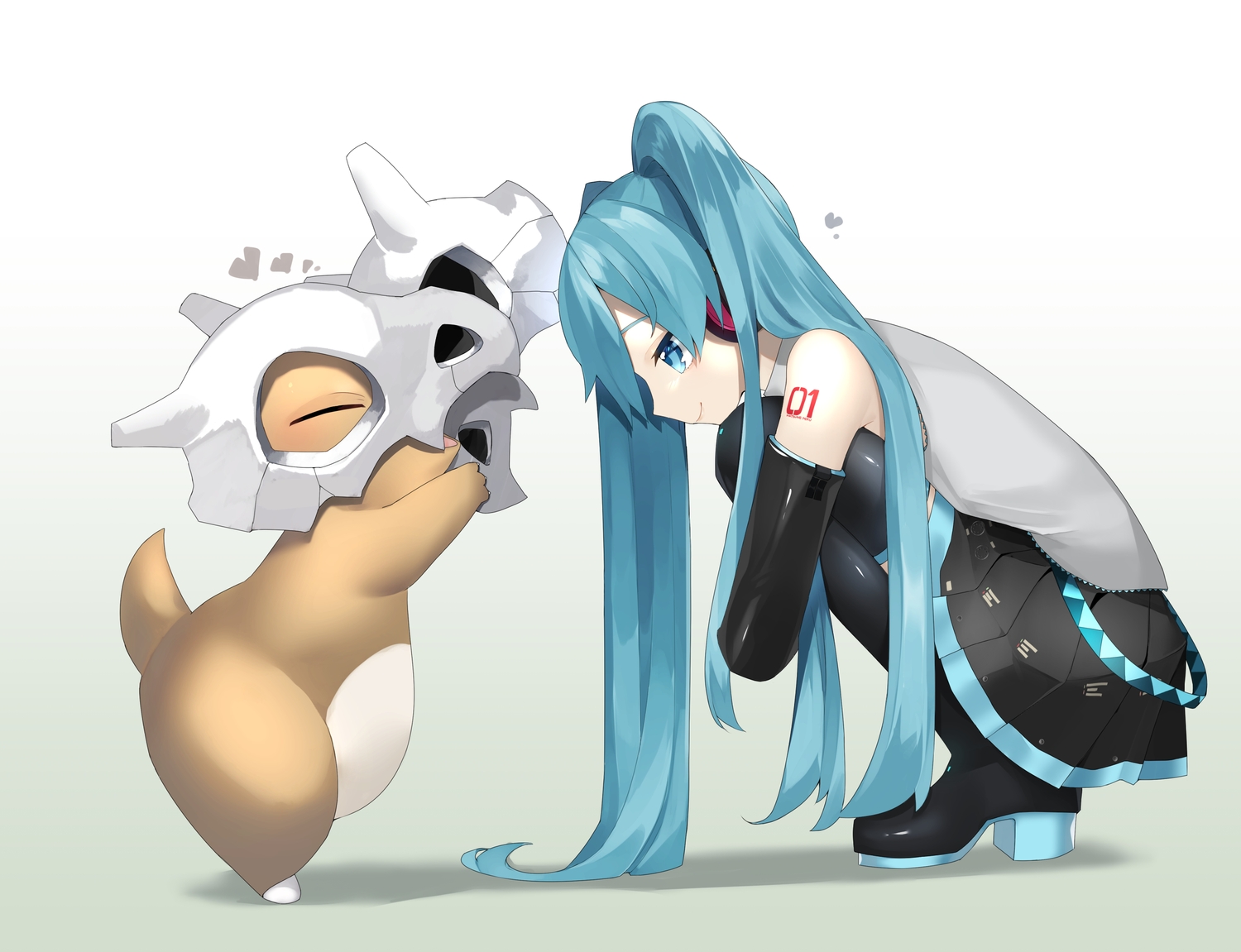 aqua_eyes, aqua_hair, boots, crossover, cubone, gradient, hatsune_miku, headphones