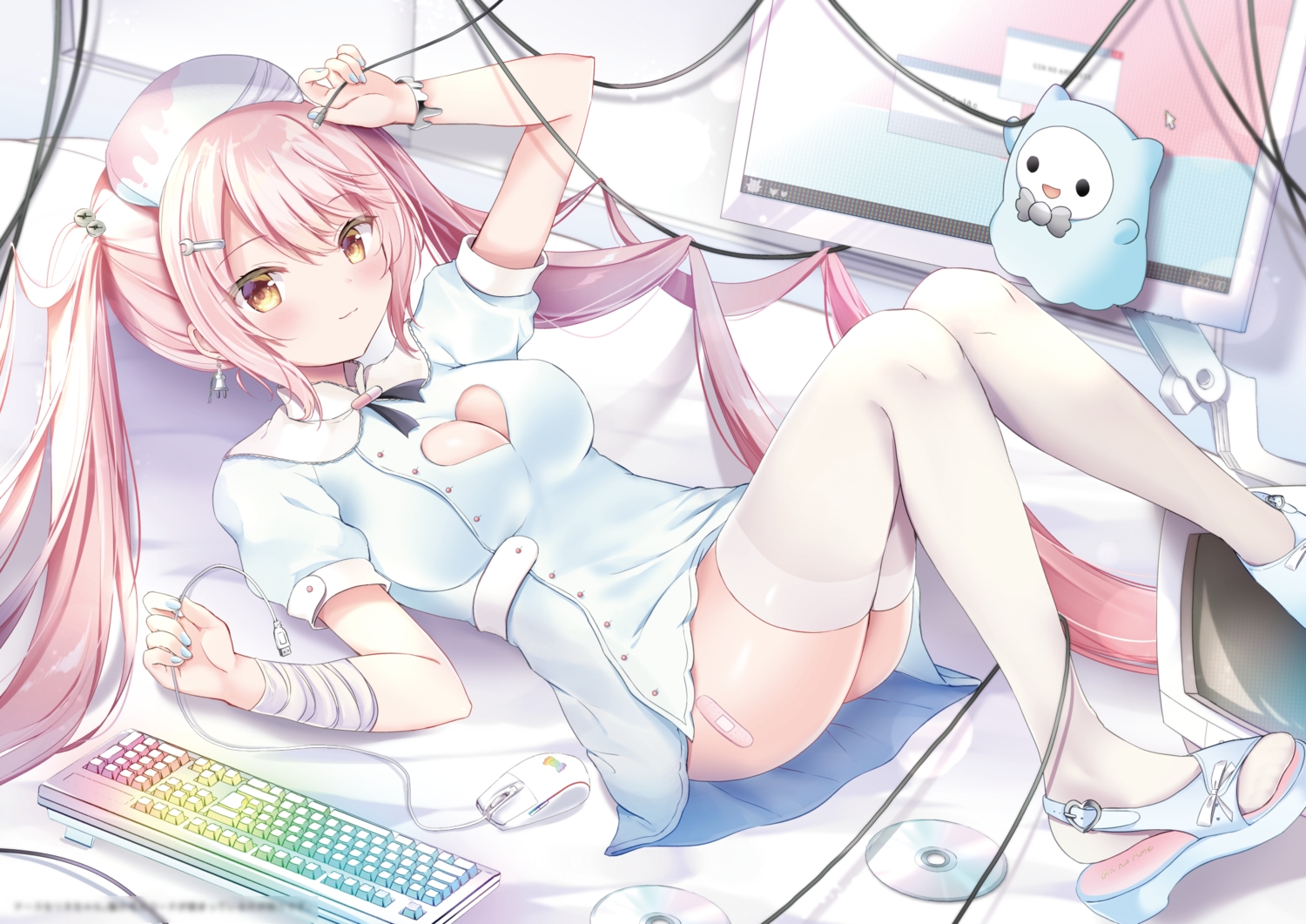 bandage, bandaid, breasts, cleavage, computer, dress, headdress, long_hair