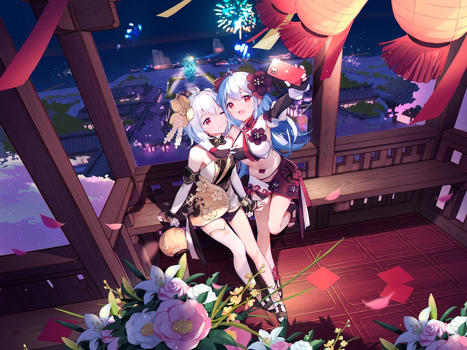 2girls, bili_bili_douga, bili_girl_22, bili_girl_33, building, flowers, hug, phone
