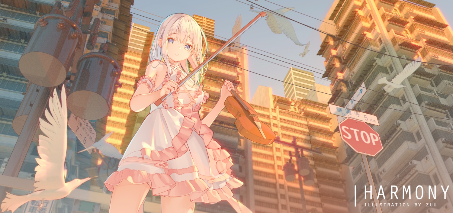animal, bird, building, city, cropped, dress, instrument, long_hair, original, violin, watermark, white_hair, zuu_(qq770463651)