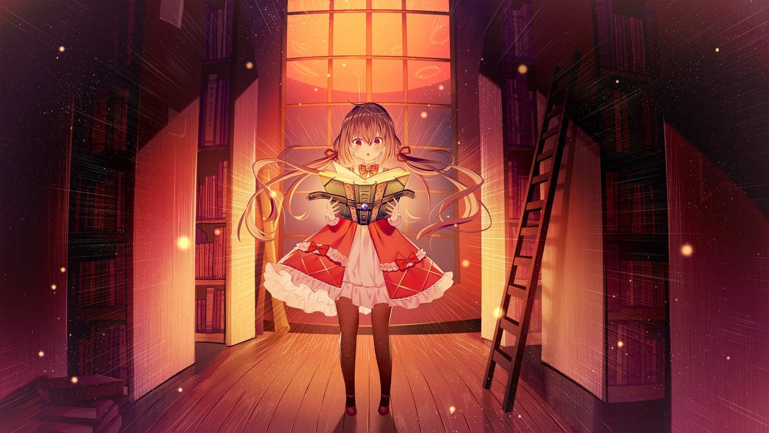 book, bow, brown_hair, dress, ikari_(aor3507), long_hair, magic, original