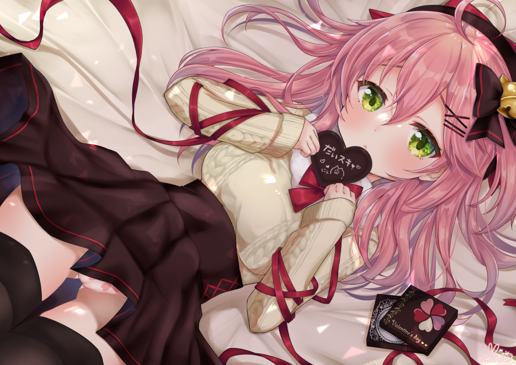 aliasing, blush, bow, cameltoe, green_eyes, hololive, long_hair, panties, pink_hair, ribbons, sakura_miko, signed, skirt, skirt_lift, thighhighs, underwear, valentine, yuncha