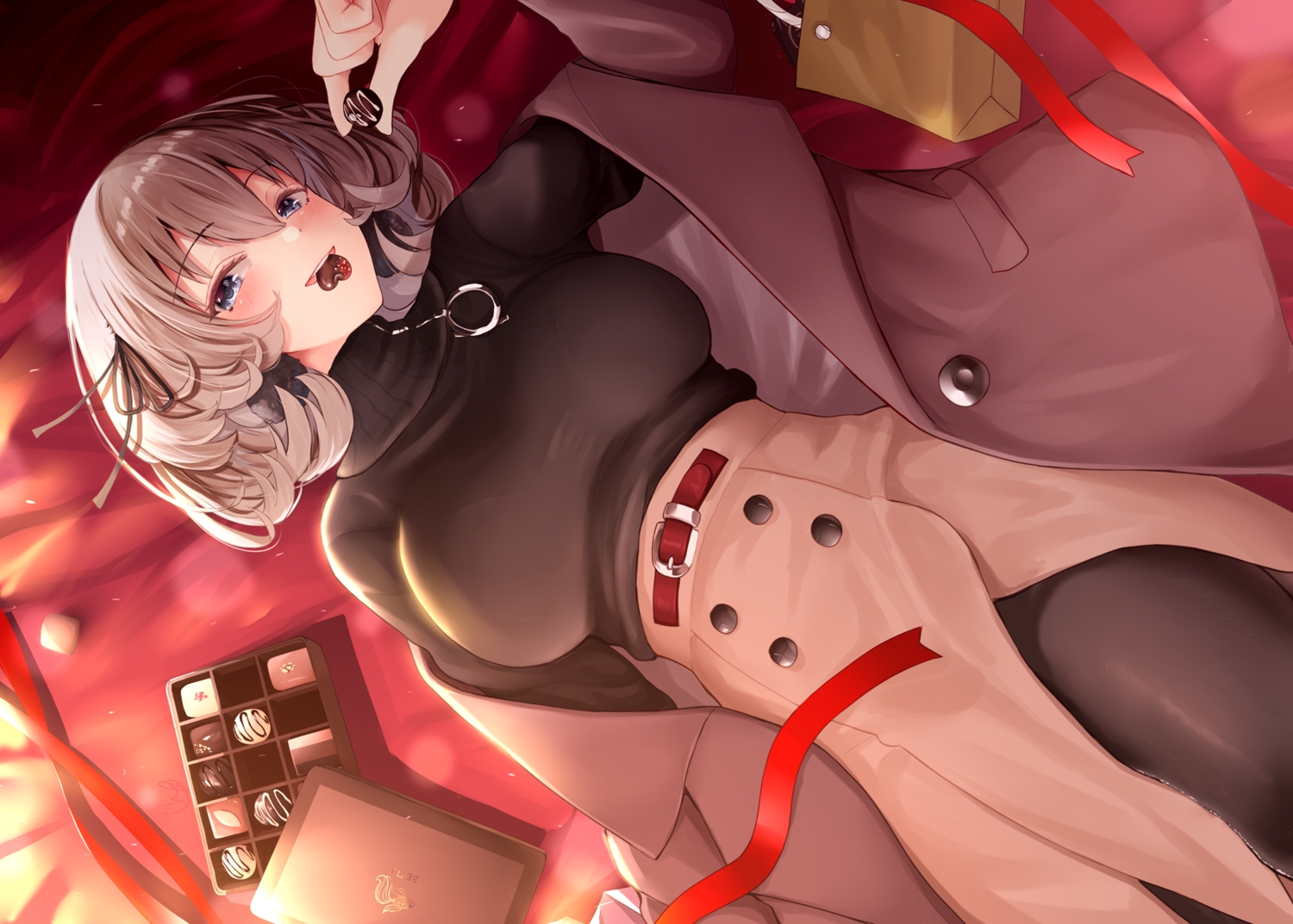 bed, blue_eyes, brown_hair, candy, chocolate, narushima_kanna, open_shirt, original