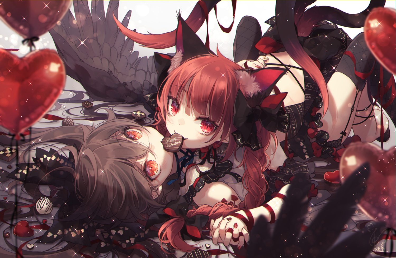 2girls, animal_ears, braids, brown_hair, candy, catgirl, chocolate, dress
