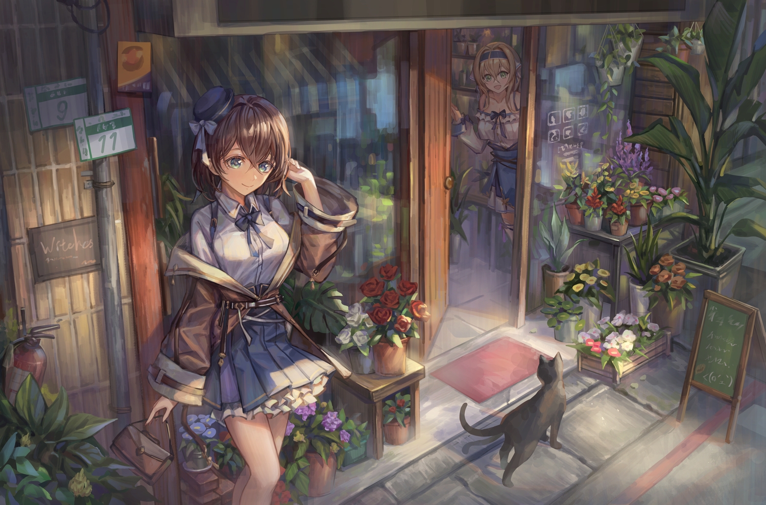 2girls, animal, brown_hair, cat, flowers, green_eyes, long_hair, original
