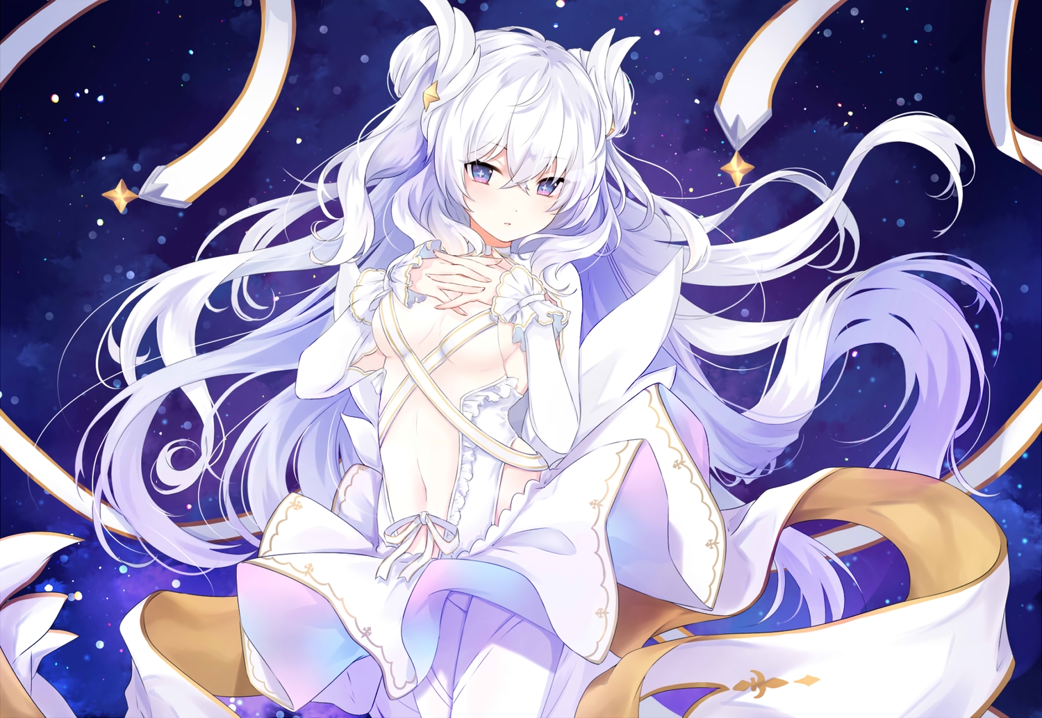 anthropomorphism, azur_lane, dress, hakazenanato, le_malin_(azur_lane), long_hair, pantyhose, purple_eyes, white_hair