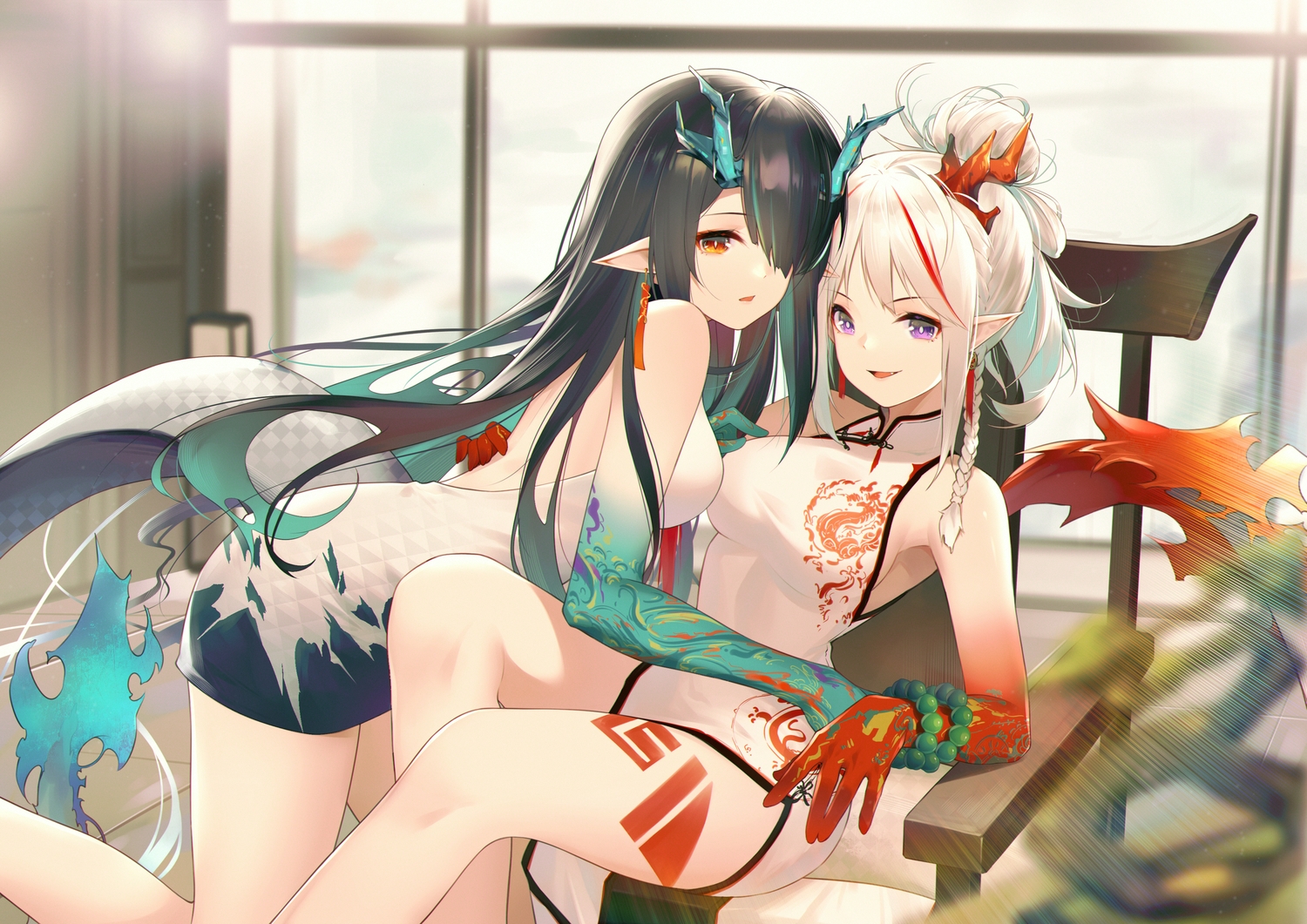 2girls, arknights, black_hair, braids, chinese_clothes, chinese_dress, dress, dusk_(arknights), horns, jiusan_naitan, long_hair, nian_(arknights), pointed_ears, ponytail, purple_eyes, tail, white_hair