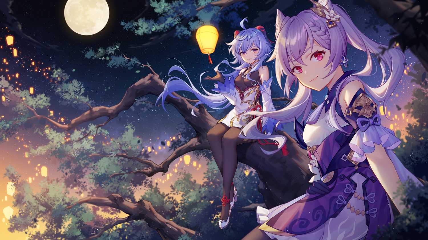 2girls, bell, blue_hair, ganyu_(genshin_impact), genshin_impact, horns, keqing_(genshin_impact), long_hair, panpanmeiyou_hp, pantyhose, purple_eyes, purple_hair, tree, twintails