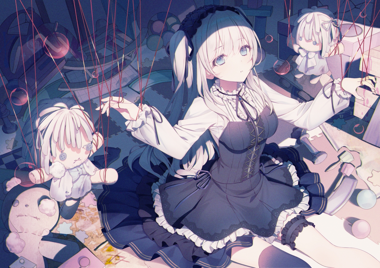 a20_(atsumaru), aitsuki_nakuru, blue_eyes, bondage, doll, dress, garter, goth-loli, gray_hair, headband, la_priere, lolita_fashion, long_hair, thighhighs