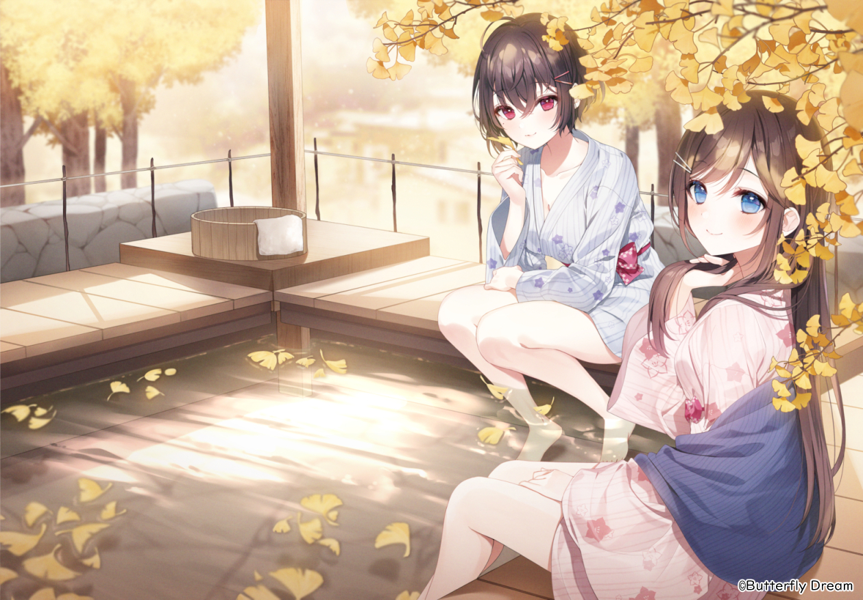 a20_(atsumaru), autumn, blue_eyes, brown_hair, japanese_clothes, leaves, long_hair, onsen