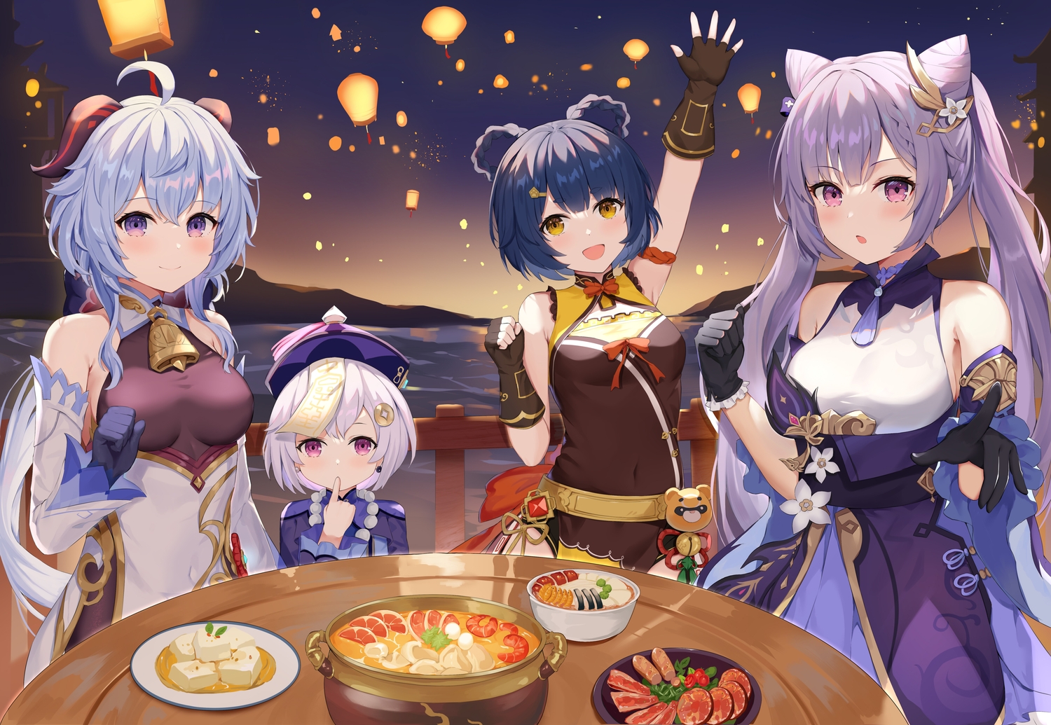 blue_hair, blush, food, ganyu_(genshin_impact), genshin_impact, gloves, hat, hokori_sakuni