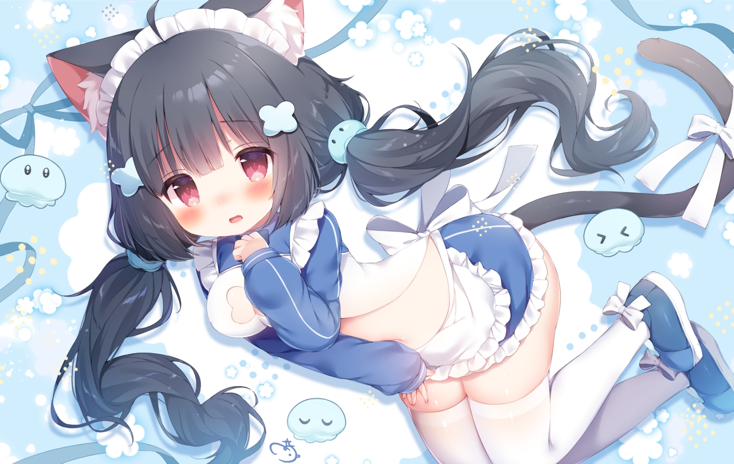 animal_ears, black_hair, blush, catgirl, koma_momozu, long_hair, maid, original