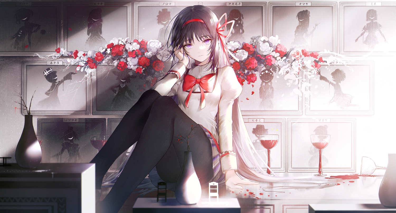 akemi_homura, bow, brown_hair, drink, flowers, headband, inoriac, long_hair, mahou_shoujo_madoka_magica, pantyhose, purple_eyes, rose, skirt