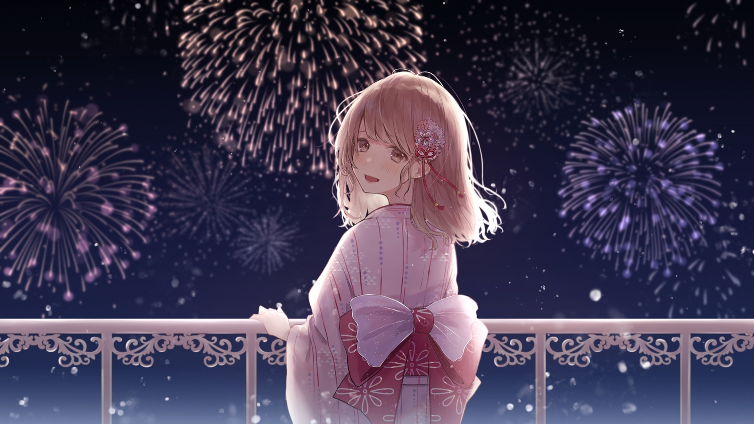 aliasing, blush, brown_eyes, brown_hair, fireworks, japanese_clothes, necojishi, night