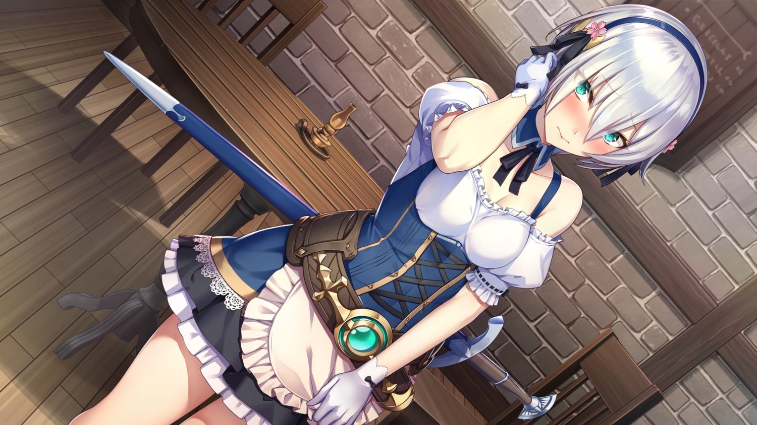 blue_eyes, blush, choker, dahlia, game_cg, gloves, inui_waon, isekai_sakaba_no_sextet, maid, qureate, ribbons, short_hair, sword, waitress, weapon, white_hair