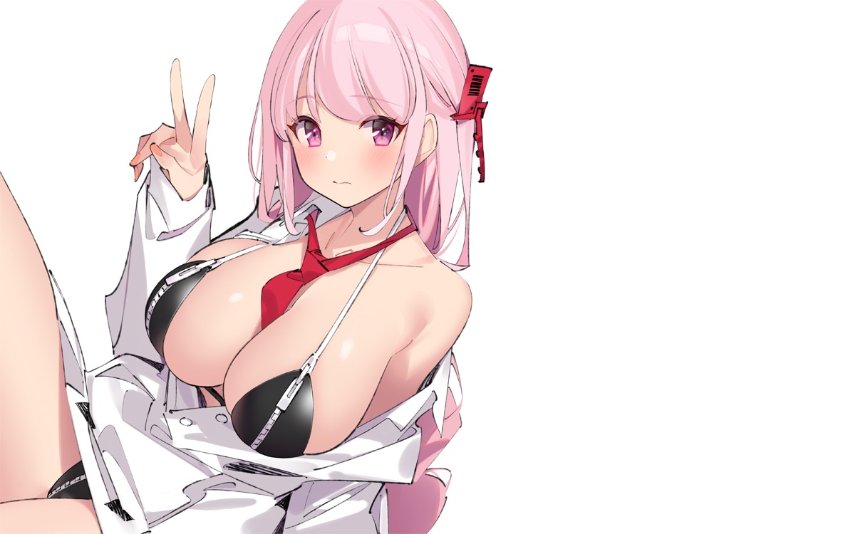 bikini, blue_archive, blush, breasts, cleavage, izumimoto_eimi, long_hair, pink_eyes, pink_hair, popqn, shirt, swimsuit, tie, undressing, white